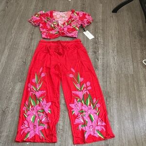 Lulumari Vibrant Red and Pink Floral Wide Leg set